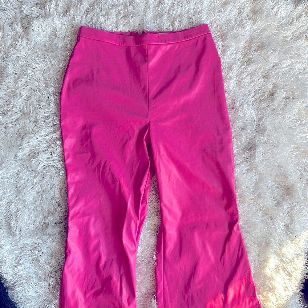 Bubblegum pink flare leg faux leather pants SEPTEMBER MOVE OUT SALE